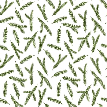 Hand drawn seamless pattern with green pine conifer spruce branches twigs on white background, Christmas winter new year print for textile wrapping paper, natural colors evergreen fabric print