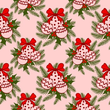 Hand drawn seamless pattern with Christmas winter elements in red green pink, traditional retro vintage holly holiday plant design on blush background. Bright colorful print for celebration decoration ornament