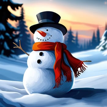 Smiling snowman on winter snowy background, perfect for holiday designs