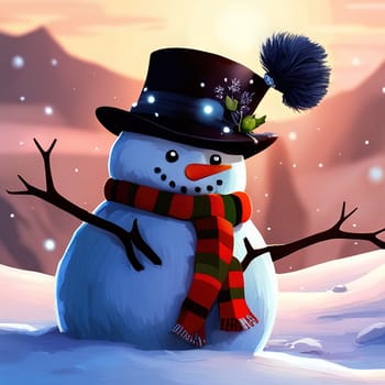 Smiling snowman on winter snowy background, perfect for holiday designs