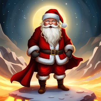 Cartoon Christmas illustration Funny happy Santa Claus character with gift, bag with presents. For Christmas cards, banners, tags and labels.