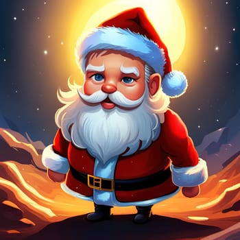 Cartoon Christmas illustration Funny happy Santa Claus character with gift, bag with presents. For Christmas cards, banners, tags and labels.