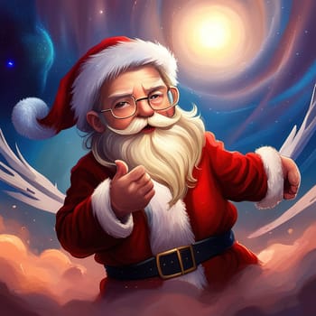 Cartoon Christmas illustration Funny happy Santa Claus character with gift, bag with presents. For Christmas cards, banners, tags and labels.