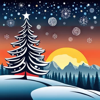 Merry Christmas and Happy New Year greeting card. Christmas landscape with copy space.