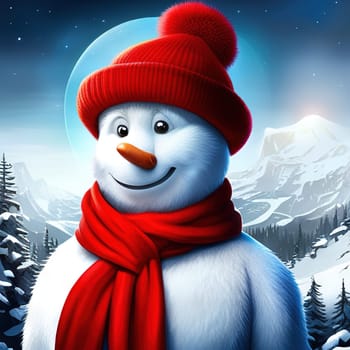 Smiling snowman on winter snowy background, perfect for holiday designs