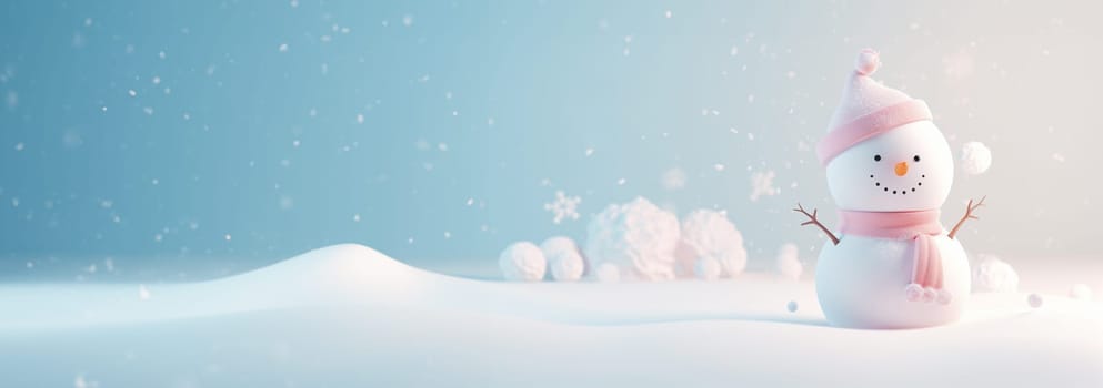 Cute snowman in winter wonderland landscape pastel colored. Christmas Snowman. Festive cute character. Realistic 3d design element In plastic cartoon style. Icon illustration cute Copy space