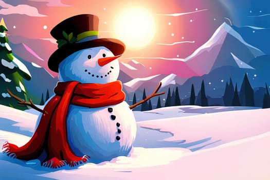 Illustration of Christmas cute snowman in the winter park.