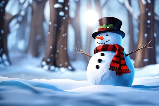 Smiling snowman on winter snowy background, perfect for holiday designs