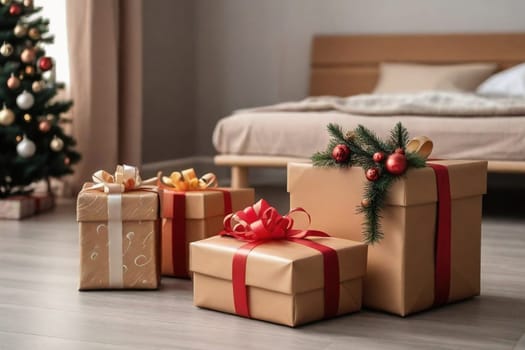 Beautiful luxurious Christmas gifts on floor in room with Christmas tree, closeup