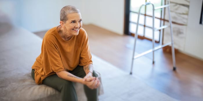 Portrait of happy smile senior woman Caucasian while sitting on the sofa at home.