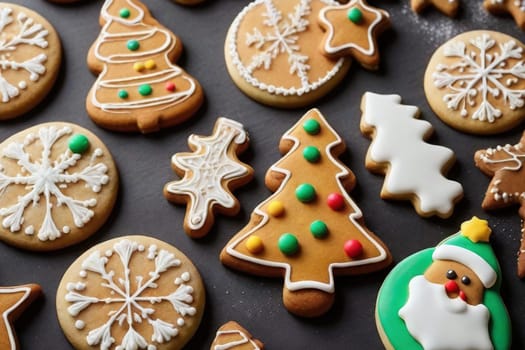 Directly above shot of decorated gingerbread cookies with spices on table. Homemade Christmas cookies