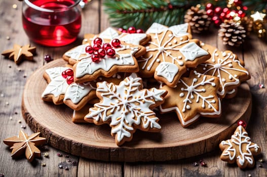 Directly above shot of decorated gingerbread cookies with spices on table. Homemade Christmas cookies