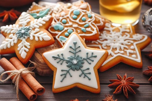 Directly above shot of decorated gingerbread cookies with spices on table. Homemade Christmas cookies