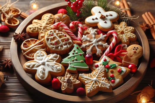 Directly above shot of decorated gingerbread cookies with spices on table. Homemade Christmas cookies