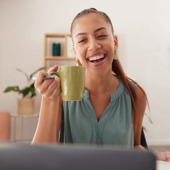 Coffee, happy and woman on a video call with a laptop for business, reading email and working in a house. Internet, communication and remote girl entrepreneur with a smile and tea with a pc for job.