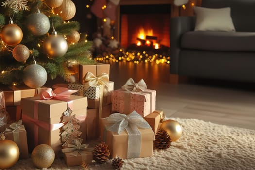 Beautiful luxurious Christmas gifts on floor in room with Christmas tree, closeup