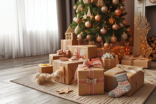 Beautiful luxurious Christmas gifts on floor in room with Christmas tree, closeup