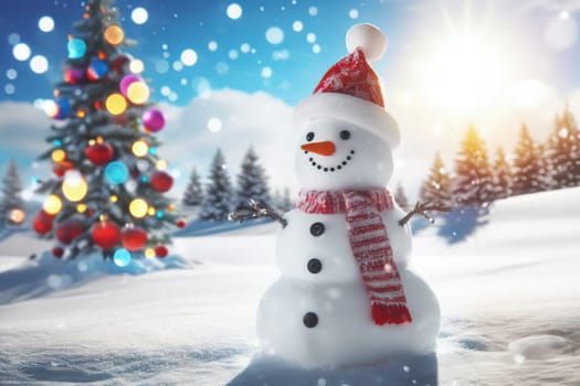 Cute snowman and snow forested landscape. Winter decoration and background.