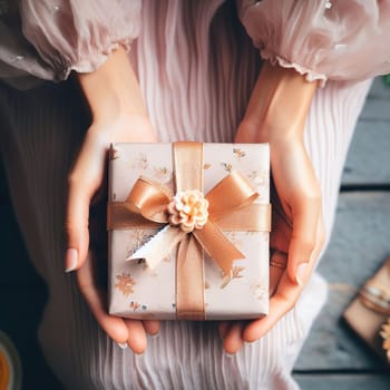 Female hands holding gift box with red