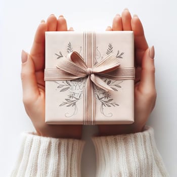 Female hands holding gift box with red