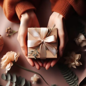 Woman wrapping Christmas gifts, top view woman's hands holding a gift box wrapped and decorated with ribbon