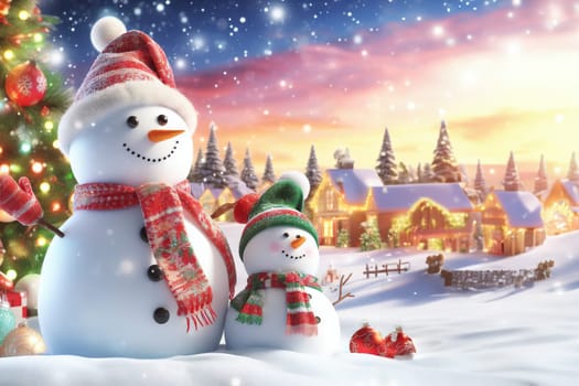 Cute snowman and snow forested landscape. Winter decoration and background.