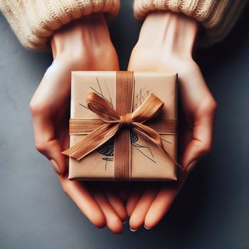 Top view of woman hands holding gift box wrapped and decorated with ribbon