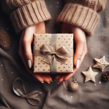 Top view of woman hands holding gift box wrapped and decorated with ribbon