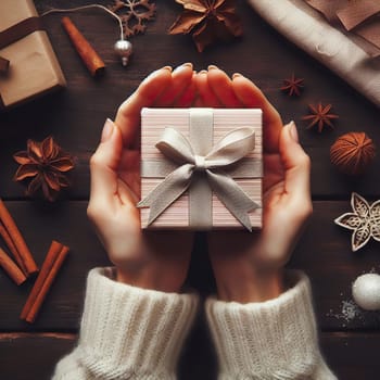 Top view of woman hands holding gift box wrapped and decorated with ribbon