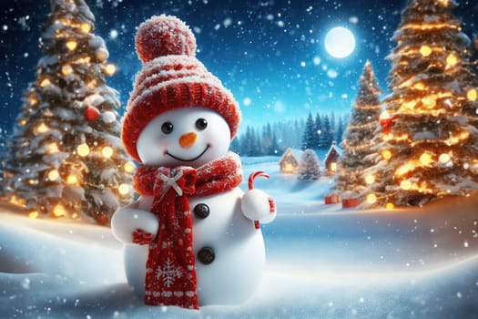 Cute snowman and snow forested landscape. Winter decoration and background.