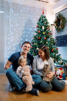 Smiling mother with a cat in her arms looks at a little girl sitting on her father lap. High quality photo