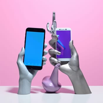 mobile style online smartphone phone modern cyberspace hand fashion design purple hold background technology communication collage screen phone poster artwork art person. Generative AI.