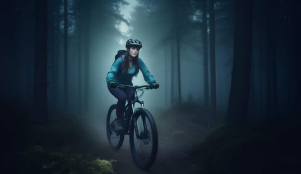 woman hiking bicyclist walking bicycle biker activity exercise forest bike sunset leisure biking cycle adventure recreation dark healthy cycling summer sport. Generative AI.