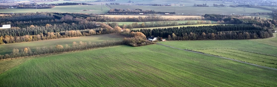 Green landscape of a countryside with autumn colors. Aerial view of a sustainable, cultivated farmland or flat land with grass surrounded by a traditional farm house and lots of forest trees.