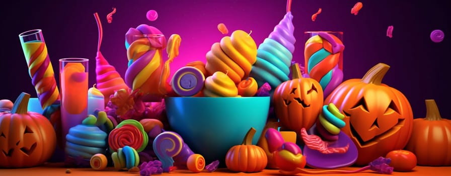 halloween holiday pumpkin horror skittish spider sweet traditional symbol witch party autumn party orange october purple candy celebration treat food halloween. Generative AI.