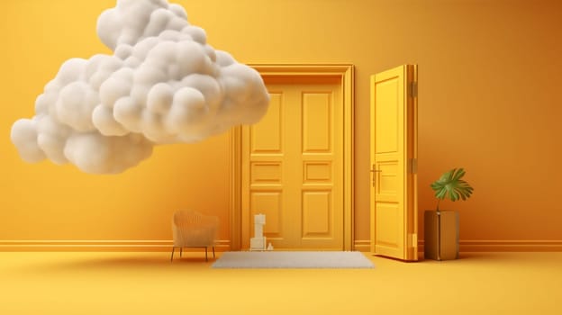 sky metaphor yellow light stage levitation blank nobody white pedestal showcase door cylinder cloud backdrop minimal room abstract cumulus object. Generative AI.