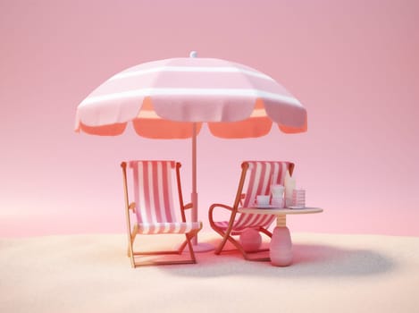 pink parasol relaxation ball lifestyle concept holiday illustration hat retro summer water relax banner umbrella sand chair sun goggles vacation. Generative AI.