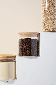Reusing Glass Jars To Store Dried Food Living Sustainable Lifestyle At Home, copy space. coffee beans in glass jar