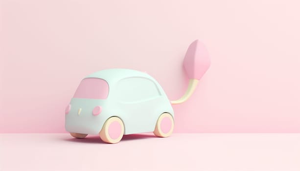 Electric car 3D charging background. Electronic vehicle power dock. EV Plugin station. Fuel recharge cells. pastel colored illustration. Power supply for electric car charging. Electric car charging station. Power supply plugged into an electric car being charged concept Copy space