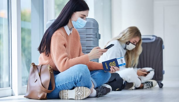 Passport, covid and mask, travel with smartphone for communication after canceled flight. Woman, compliance of health and safety rules, vaccination and traveling restriction during pandemic
