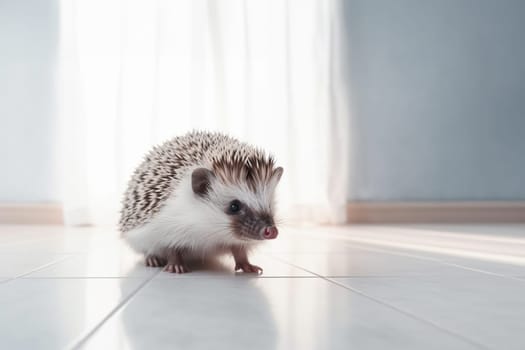 A beautiful cute prickly domestic hedgehog with spikes on a white floor in the house with copy space. Generative AI