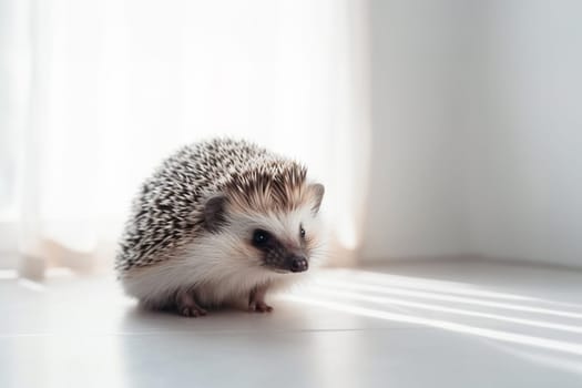 A beautiful cute prickly domestic hedgehog with spikes on a white floor in the house with copy space. Generative AI