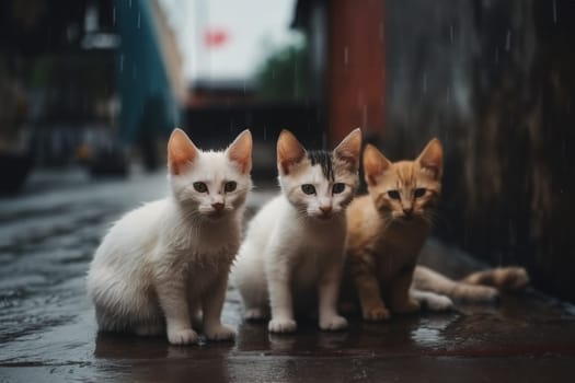 Little stray kitten, hungry, shivering and wet, sitting alone in the cold rain outside, abandoned pet, animal shelter. Generative AI