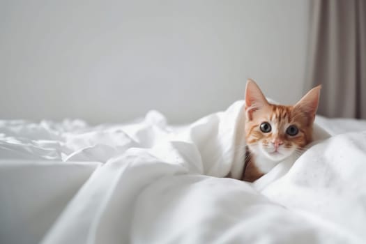 Cute domestic red cat awaking and lying on a bed under a white blanket in the bedroom with copy space. Generative AI