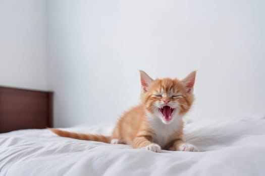 Sleepy red cat yawns in a white bed in the bedroom in the morning with copy space. Generative AI