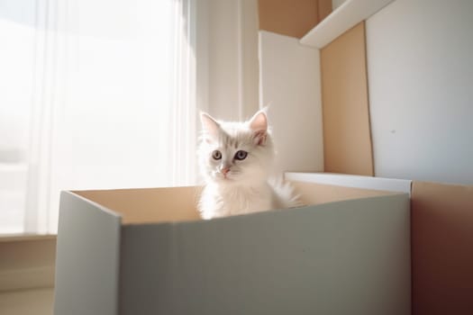 White kitten sits in a white box in a new house, sunny daylight with copy space. Generative AI