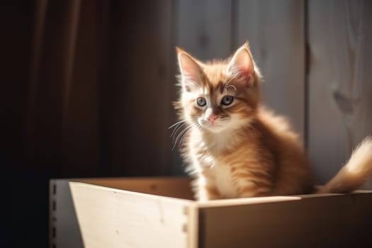 Red kitten sits inside a craft box in a new home, sunny daylight near window with copy space. Generative AI