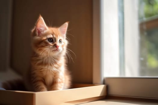 Red kitten sits inside a craft box in a new home, sunny daylight near window with copy space. Generative AI