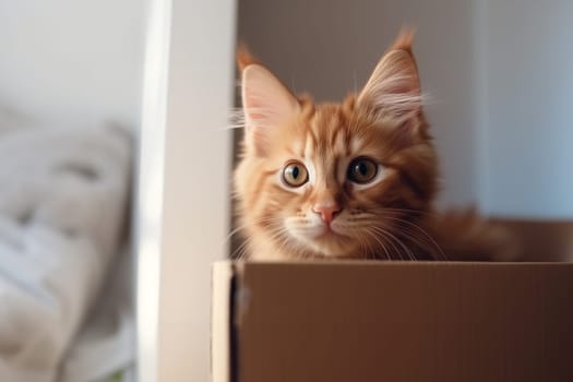 Pet adoption, cat in a new home sits inside a craft box, sunny daylight near window with copy space. Generative AI