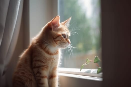 Red fluffy cat sitting on the window sill boring and looking out the window. Generative AI